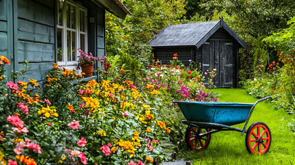 Colorful garden with wooden shed and wheelbarrow. Lush flowers and plants surround a small shed, with a vibrant wheelbarrow positioned in the grassy area