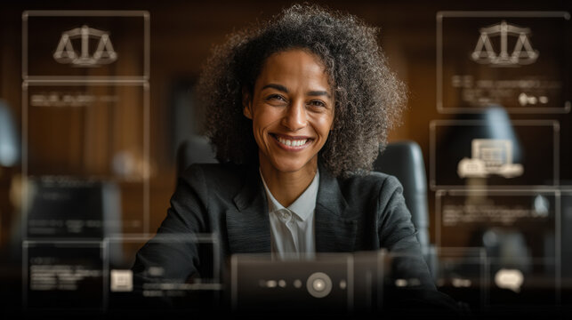 Confident Female Lawyer or Business Professional Smiling in Office with Legal and Business Icons Overlay