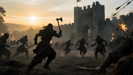 Barbarian warriors advancing to attack a castle in battle.
