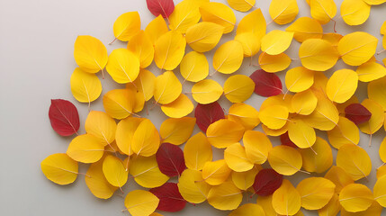 Autumnal leaves, yellow and crimson, scattered on a light gray background.  A mix of vibrant hues and delicate shapes