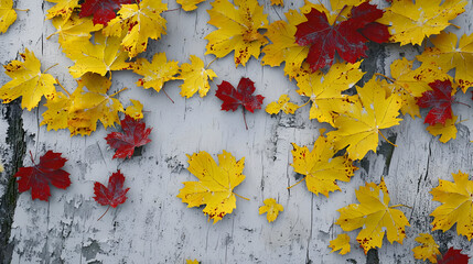 Autumn leaves, vibrant yellow and crimson, scattered across a weathered, light gray surface