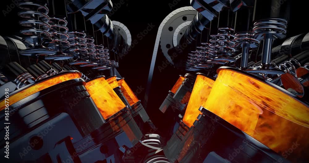 Aufkleber detailed internal view of working v8 engine with fire and motion. high quality 3d animation.