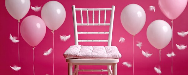 A whimsical setting with a chair and pink balloons for celebration.
