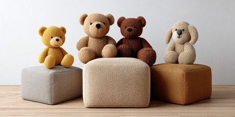 Adorable teddy bears sitting on cozy, modern ottomans.