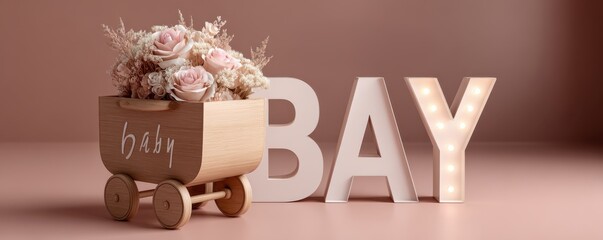Charming baby cart with flowers and illuminated letters display.