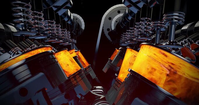 Detailed Internal View of Working V8 Engine with Fire and Motion. High Quality 3D Animation.