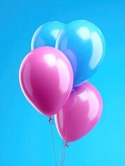 Colorful balloons floating against a bright blue background.