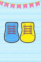 Colorful children's shoes on a playful background.