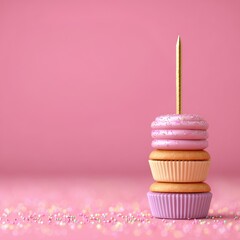 Colorful cupcakes with sprinkles on a vibrant pink backdrop.