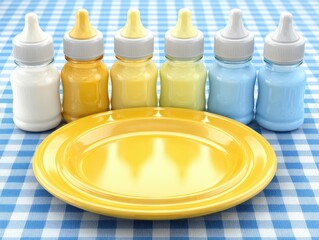 Colorful condiments in bottles on a checkered tablecloth.