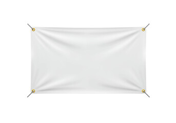 A blank white taut rectangular vinyl banner with subtle wrinkles, grey ropes, golden yellow grommets, centered on a clean transparent background with extensive copy space, no shadows, concept for
