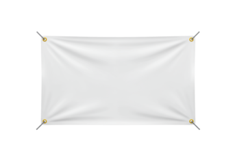A blank white taut rectangular vinyl banner with subtle wrinkles, grey ropes, golden yellow grommets, centered on a clean transparent background with extensive copy space, no shadows, concept for