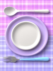 Colorful table setting with plates and cutlery on a checkered background.