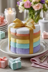 Colorful towel cake centerpiece for a joyful celebration.