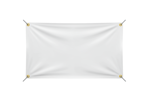 A blank white taut rectangular vinyl banner with subtle wrinkles, grey ropes, golden yellow grommets, centered on a clean transparent background with extensive copy space, no shadows, concept for