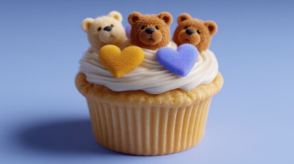 Delicious cupcake topped with cute bear decorations and hearts.