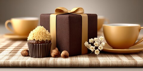 Delicious cupcake with gift box and coffee cups on a checkered table.