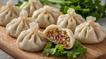Fototapeta premium Delicious Dumplings Served on a Rustic Wooden Board