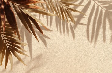 Beige wall with shadow of dried palm leaves