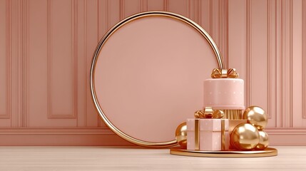 Elegant pink gift display with golden accents for celebrations.