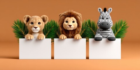 Three plush animal toys on a colorful backdrop with foliage.
