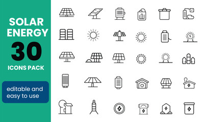 Editable Thin Line Icons for Solar Power, Renewable Energy, and Sustainability