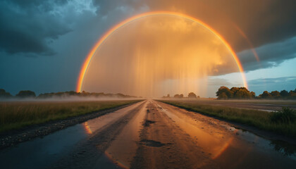 Rainbow Over Wet Road After Rain