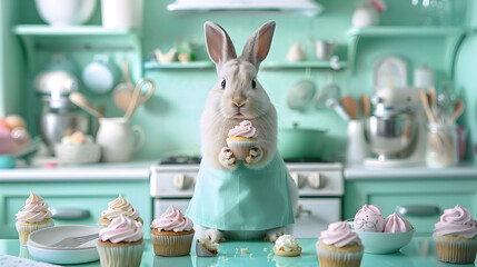 Cute Rabbit Baker Holding Pink Cupcake in Kitchen