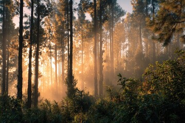 Obraz premium Sunrise in a misty pine forest