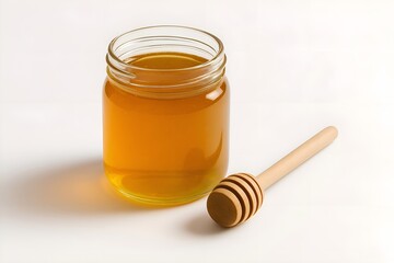 Glass Jar of Honey with Wooden Dipper on White Surface