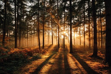 Obraz premium Golden sunlight streams through a misty autumn forest