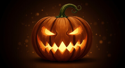 Jack-o'-lantern with menacing face glowing in the dark background  
