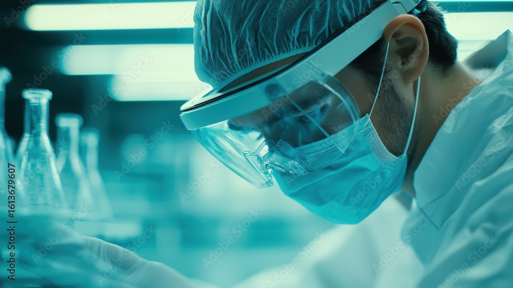 Poster engineer biomedical automation concept. laboratory technician wearing protective gear while analyzin