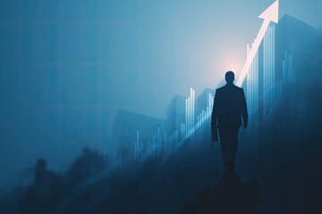 Silhouette of a businessman walking towards a rising arrow against a backdrop of financial data