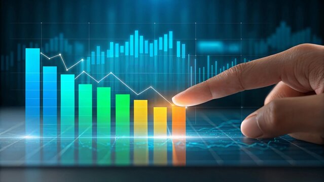 Human finger touching digital financial graph image