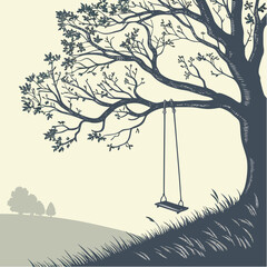 Vector illustration of an old tree in a park with birds and seasonal leaves