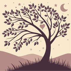 Abstract floral tree design with birds on branches, a seasonal nature vector illustration
