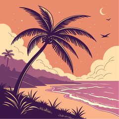 A tropical beach sunset with palm tree silhouettes against a vibrant sky and ocean waves is the perfect summer island vacation illustration