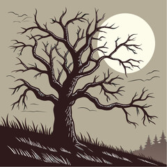 A striking black silhouette of an oak tree with delicate branches and leaves, perfect for vector illustration or 