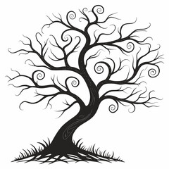 A black ornate floral tree silhouette vector with swirling branches and leaf nature design