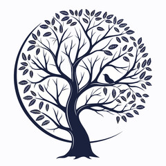 Abstract tree with roots in black silhouette design showing all seasons