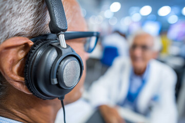 Audiologist performing hearing test with headphones and equipment, patient in background, shallow DOF, 