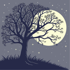 Winter night tree landscape under starry sky with moon and snow