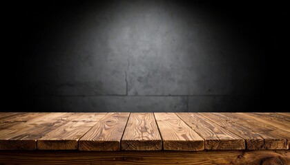 A rustic wooden table with distinct grain patterns against a dark, textured concrete wall backdrop.