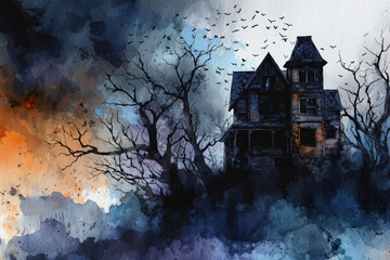 Eerie Victorian Manor Emerges Through Atmospheric Watercolor Mist With Circling Ravens