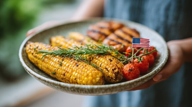 Delicious Summer Feast: Grilled Corn on the Cob, Juicy Tomatoes, and Savory Chicken Tenders Prepared with Fresh Herbs and a Touch of Patriotism - Powered by Adobe