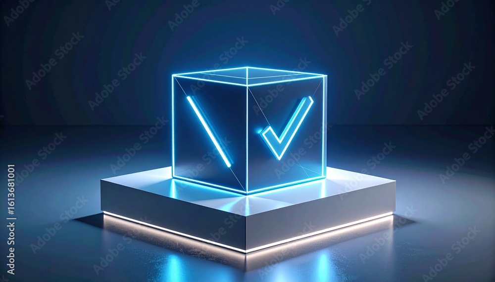Aufkleber cube with glowing in check marks on white platform, generated with ai.