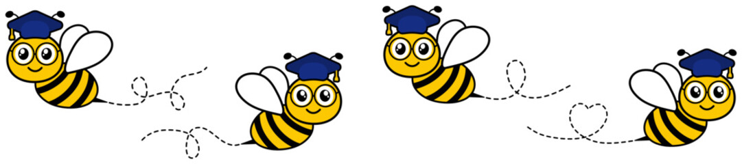 Bees in graduate hat and glasses set. Flying scholar bees with dotted line path collection. Vector isolated on white.