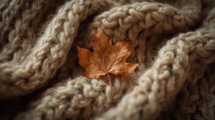 Delicate Orange Maple Leaf Nestled Within Soft Beige Knitted Wool Texture