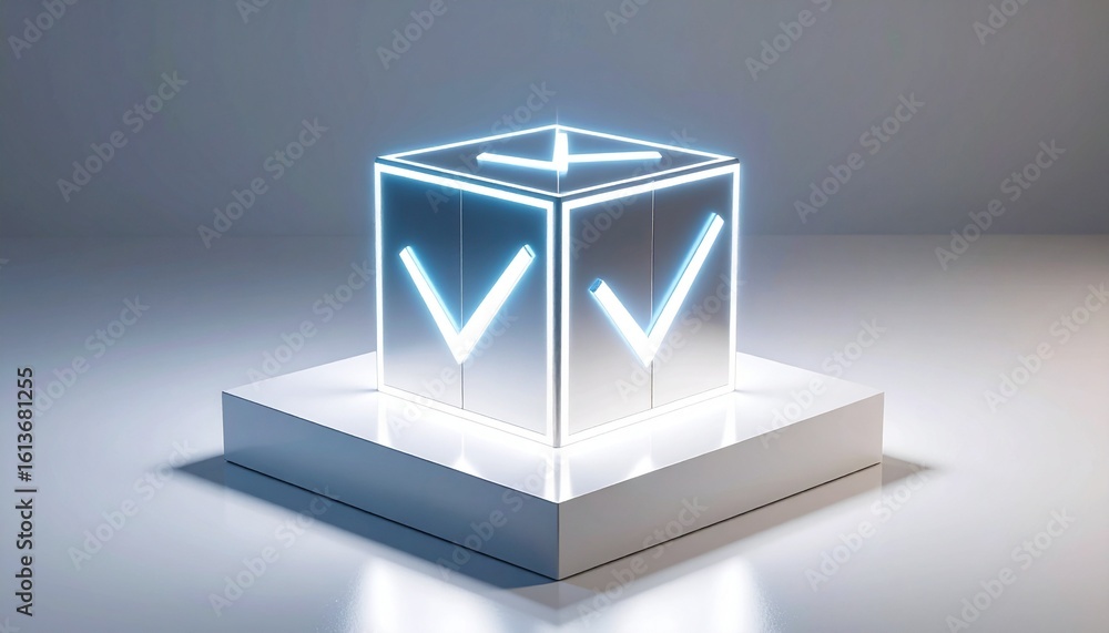 Aufkleber cube with glowing in check marks on white platform, generated with ai.